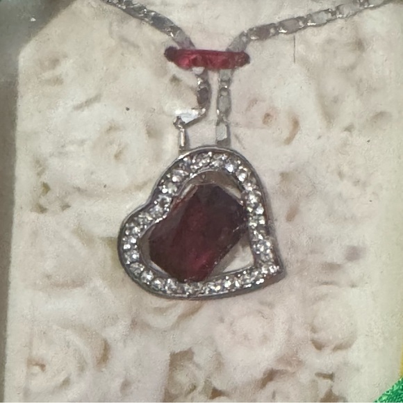 None Jewelry - Crystal Heart with Red Rhinestone Rectangle Necklace